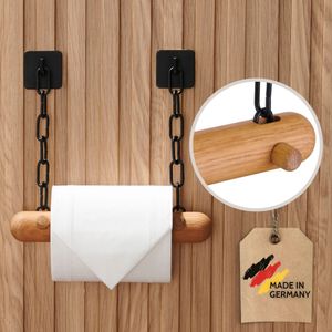 DEKAZIA® Toilettenpapierhalter Holz | Toilettenpapierhalter ohne Bohren | Klopapierhalter ohne Bohren | Klorollenhalter ohne Bohren | WC Papier Halterung | Klopapier Halterung WC Rollenhalter Bambus (Schwarze Kette, Eiche)