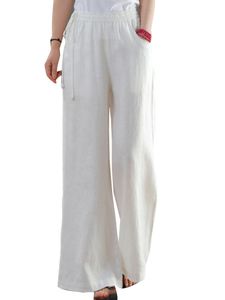 Damen Leinen Hose Weitem Bein Sommerhose Baumwolle Leinenhose Strandhose mit Taschen Weiß,Größe:M