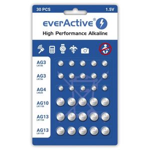 everActive Set 10 x AG3, 5 x AG4, 5 x AG 10, 10 x AG13 1,5 V, 30 x Batterien, Knopfzellen, alkalisch, Mini, 3 Jahre Lebensdauer, 30 Stück - 1 Blisterpackung