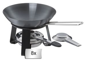 Mini-Wok mit Rechaud - Ø 18 cm - Stahl - Edelstahlgriff - mit Pastenbrenner - 8er Set