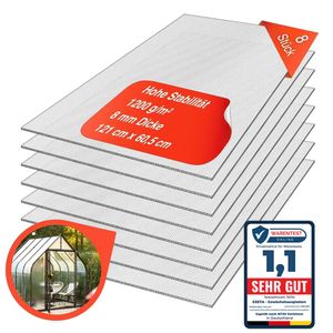Gewächshausplatten 8 Stück 8mm Doppelsteg Polycarbonat Platten Hohlkammerplatten Stegplatten 1200g/qm  60,5 x 121 cm Plexiglas UV-Beständig