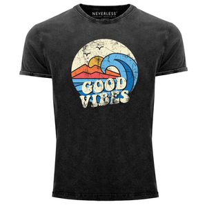 Herren T-Shirt Schrift Good Vibes Welle Hippie Slogan Statement Surf Design Vintage Retro Printshirt Neverless® schwarz M