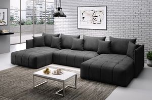 FURMEB24 -ASPEN U 346 x 188 cm, Sofa mit Schlaffunktion und zwei Bettzeugschubladen, Ecksofa mit Kissen, Monolith Stoff, Graphit, Modernes Möbeldesign