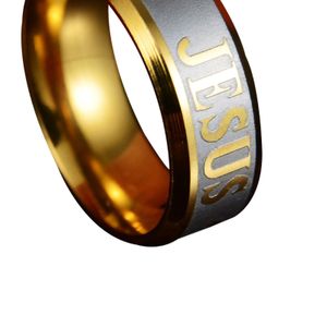 Uni Ring Jesus Kreuz Buchstaben graviert Edelstahl Männer Frauen Christentum Ring Schmuck für Party-Gold + Silber,US 10