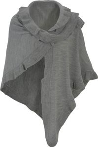 Poncho Damen Strick Wolle Trachtenumhang Cape Winterumhang Stola, Strickponcho Rüschen Grau Mittelgrau