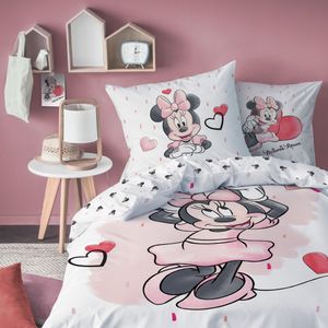 Minnie Mouse Bettwäsche 135x200 + 80x80 cm 2 tlg., 100 % Baumwolle in Renforcé, süße Disney Minnie Maus Mädchen-Bettwäsche mit vielen Herzchen in rosa / zartrosa, weiß & rot