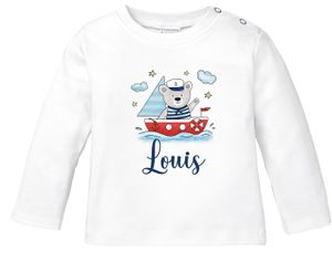 Baby Langarmshirt mit Name Bär Boot Segelboot Aufdruck Motiv personalisierte Geschenke Junge Mädchen Baumwolle SpecialMe® weiß 68/74 (4-9 Monate)