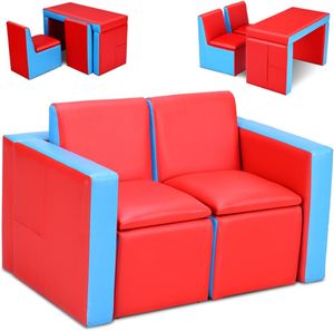 COSTWAY Kindersofa, 2 in 1 Doppelsofa umwandelbar, Tisch und Zwei Stühle, Kindersessel mit Holzrahmen und PVC-Oberfläche, Kindercouch mit Stauraum Rot