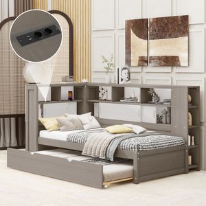 Rozkladacia pohovka Flieks s výsuvným lôžkom, jednolôžko s USB a policou, posteľ pre hostí Drevená posteľ s lamelovým roštom, detská posteľ 90x200cm/90x190cm, sivá