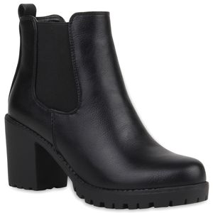Mytrendshoe Damen Stiefeletten Chelsea Boots Profilsohle Blockabsatz 77276, Farbe: Schwarz, Größe: 37