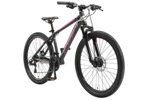 BIKESTAR hliníkový horský bicykel 26 palcov, 21 prevodov hardtail šport MTB 16 palcový rám kotúčová brzda odpružená vidlica, čierna ružová