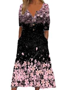Damen Kurzarm Sundress Summer Long Kleid Casual Maxi Kleider,Farbe:Rosa,Größe:L