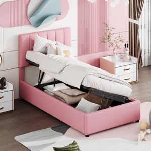 Čalouněná postel Fortuna Lai 90x200 cm, H, manželská postel s úložným prostorem, hydraulická funkční postel, multifunkční jednolůžko, pro děti a mládež, povlečení, růžová barva