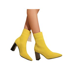 Damen Stiefeletten Elastischer Stiefel Socke Klobige Absatz Anti Slip Comfort Freizeitschuhe Gelbe dicke Ferse,Größe:EU 35