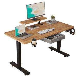 Hilodesk Höhenverstellbar Elektrischer Schreibtische Sitz- und Stehständer für Zuhause Bürotische mit Monitorständer und Schublade, 140 x 76 cm, Brown