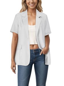 Damen Blazer Kurzarm Revers Jacken Casual Business Knöpfen Mantel Outwear Cardigan Weiß,Größe M