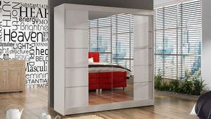 Schwebetürenschrank Basti V 200 cm mit Spiegel - Kleiderschrank mit 2 Türen, Kleiderstange und Einlegeboden, 200x215x58 cm (Weiß)