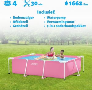 Intex-Schwimmbecken mit rechteckigem Rahmen – 220 x 150 x 60 cm – Rosa – im Lieferumfang enthalten Abdeckung - Bodenplane - Filterpumpe für Schwimmbad - Solarmatte - Wartungspaket - Reinigungskit