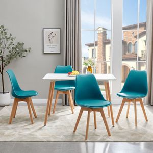 HJ WeDoo jídelní set jídelní set jídelní set jídelní set jídelní set masivní dřevo bukové nohy kuchyňský stůl sedací skupina, snadná montáž, 4 židle (tyrkysová) s jídelním stolem (bílá) 110x70x73cm