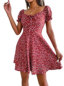 Damen V-Ausschnitt Sommerkleider Elegante Minikleid Blumendruck Geblümt Kleider Rot,Größe:L