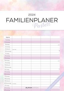 Familienplaner Pastell 2024 - Familienkalender A3 (29,7x42 cm) - mit 5 Spalten, Ferienterminen (DE/AT/CH) und viel Platz für Notizen - Wandkalender