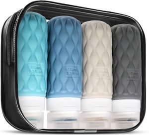 4 Pack Reiseflaschen für Toilettenartikel, 100ML tragbare Silikon-Reiseflaschen-Set mit klarem Reißverschluss Toilettenbeutel Set B