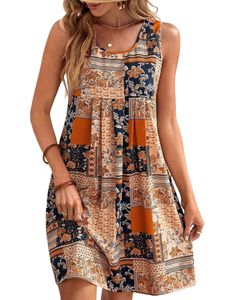 Damen Ärmellose Sommer Strandkleider Hawaiian Mini Kleider Lose Ethnische Panzerkleid Orange,Größe Xl