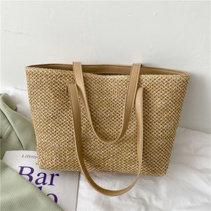 Strohtasche für Damen, Sommer-Strandtasche, weich gewebte Tragetasche, große Rattan-Umhängetasche, Stroh, handgewebte Handtaschen, Unterarmtasche（Khaki）