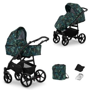 Kinderwagen MATA Sportwagen Babywagen Babyschale Komplettset Kinder Wagen Set 2 in 1 (blätter, Rahmenfarbe: Schwarz)