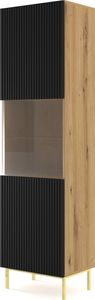Vitrine RAVENNA B 60 cm 1D rahmen ARTISAN EICHE / SCHWARZ MATT mit Metallfüße Glasvitrine verglast Sideboard MDF mit 5 Regalen Highboard Schrank mit gefräster fronten Regale Schrank Möbelseite Vitrine Bücherregal Golden oder Schwarz Metallrahmen Beine