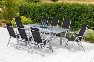 Merxx Gartenmöbelset "Carrara" 9tlg. mit Semi Ausziehtisch 150/220 x 90 cm - Aluminiumgestell Silber mit Textilbespannung Schwarz Merxx Gartenmöbelset "Carrara" 9tlg. mit Semi Ausziehtisch 150/220 x 90 cm - Aluminiumgestell Silber mit Textilbespannung Schwarz