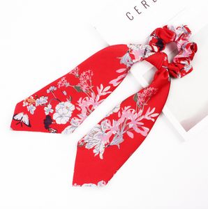 Friseurmeister Scrunchie mit Schleife Satin Elastic Haargummis Ribbon Bow für dickes und feines Haar, Farbe:Rot mit Blumen
