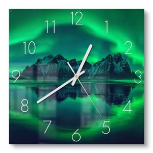 DEQORI Glasuhr 30x30 cm Zahlen 'Vestrahorn im Polarlicht' Wanduhr Glas Uhr Design leise