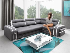 Ecksofa Wohnzimmer – Wohnlandschaft mit Hocker und Minibar - L-form Couch mit Schlaffunktion - Gemütlich Schlafsofa - AVATAR - Grau und Weiß