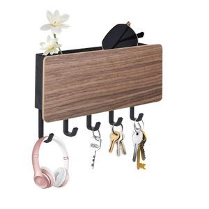Schlüsselbrett Holz,Schlüsselablage mit Ablage & 5 Haken, Multifunktionales Schlüsselanhänger Schlüsselleiste