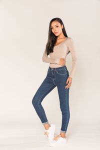 Damen Skinny Denim Jeans Stretch High Waist Slim Fit Umschlag Röhrenjeans Schmale Push Up Hose, Farben:Dunkelblau-2, Größe:42