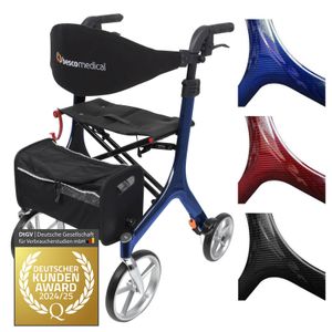 Bescomedical Leichtgewicht-Rollator Carbon - Saphirblau - Modell L - faltbare Gehhilfe mit Rückengurt, Netztasche und Stockhalter
