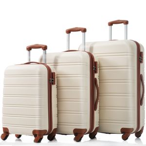 Flieks Kofferset 3 teilig Reisekoffer Set Hartschale, Trolley Hartschalenkoffer Handgepäck Koffer 3er Set mit Schwenkrollen, Cremeweiß+Braun