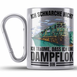 Trendation - Ich Schnarche Nicht Edelstahl Tasse Karabiner Lokomotive Dampflok Spruch Geschenk für lokführer Eisenbahn Geschenkidee für Männer (Silber)