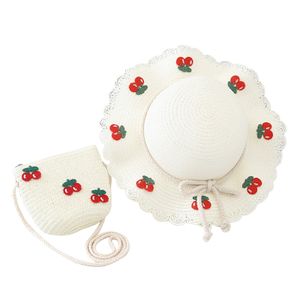Cherry Decor Spitzenbesatz Hut mit breiter Krempe, Taschenset für Babys, atmungsaktiver Strohhut, Handtasche, Kleidungszubehör, Weiß