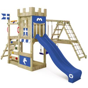 WICKEY Hrací věž Rytířský hrad DragonFlyer s houpačkou a skluzavkou, hrací domeček s pískovištěm, žebříkem na lezení a hracími doplňky - modrá barva
