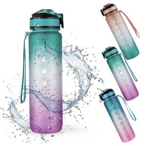 Sport Trinkflasche mit Strohhalm 1L, Wasserflasche mit Zeitmarkierungen Tritan,  Geeignet für Wandern, Fahrrad, Schule, Fitness, Draussen(grun)