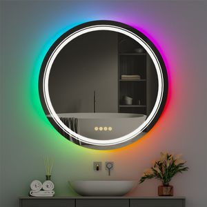 WISFOR LED koupelnové zrcadlo kulaté, 60cm nástěnné zrcadlo Koupelnové zrcadlo s osvětlením pro koupelnu Ložnice Make-Up, barevné led zrcadlo do koupelny, stmívatelné bez mlhy s dotykovým spínačem