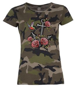 Damen T-Shirt Camouflage Anker Rosen Patch Tropical Anchor Stick-Optik Camo-Shirt Tarnmuster Neverless® schwarz L