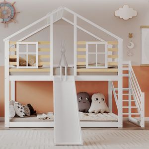 Merax patrová postel 90x200cm se schody a skluzavkou, dětská postel se zábranami a oknem, postel z masivu patrová postel domácí postel postel pro mládež