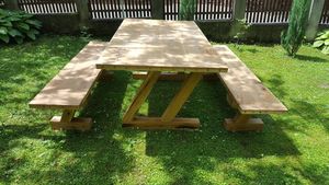 Casa Padrino Gartenmöbel Set Rustikal - Tisch + 2 Garten Bänke (Länge: 200 cm) - Eiche Massivholz - Modell Z