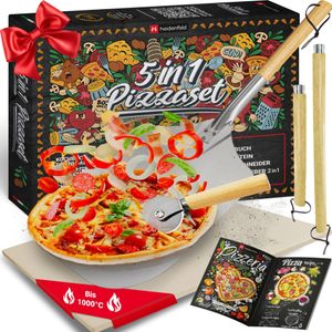 Heidenfeld 5in1 Pizza-Set | Pizzastein für Backofen, Gasgrill, Holzkohlegrill - 2in1 Pizzaschieber - Pizzaschneider - Holzgriffe - Pizza-Zubehör
