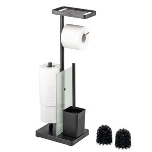 eluno Stand-WC-Garnitur 4in1, freistehende Toilettengarnitur inklusive WC-Bürste, 2 Ersatzbürstenköpfe, (Ersatz-) Rollenhalter für 3 Rollen, Ablage, satiniertes Glas und Metall, in schwarz