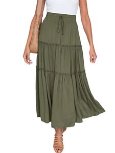 Damen hohe Taille Midi Rock Sommer Rüschenröcke lässig Swing,Farbe:Armeegrün,Größe:L