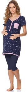 Damen Umstands Pyjama mit Stillfunktion BLV50-126, Farbe:Marineblau Punkte/Marineblau, Größe:M